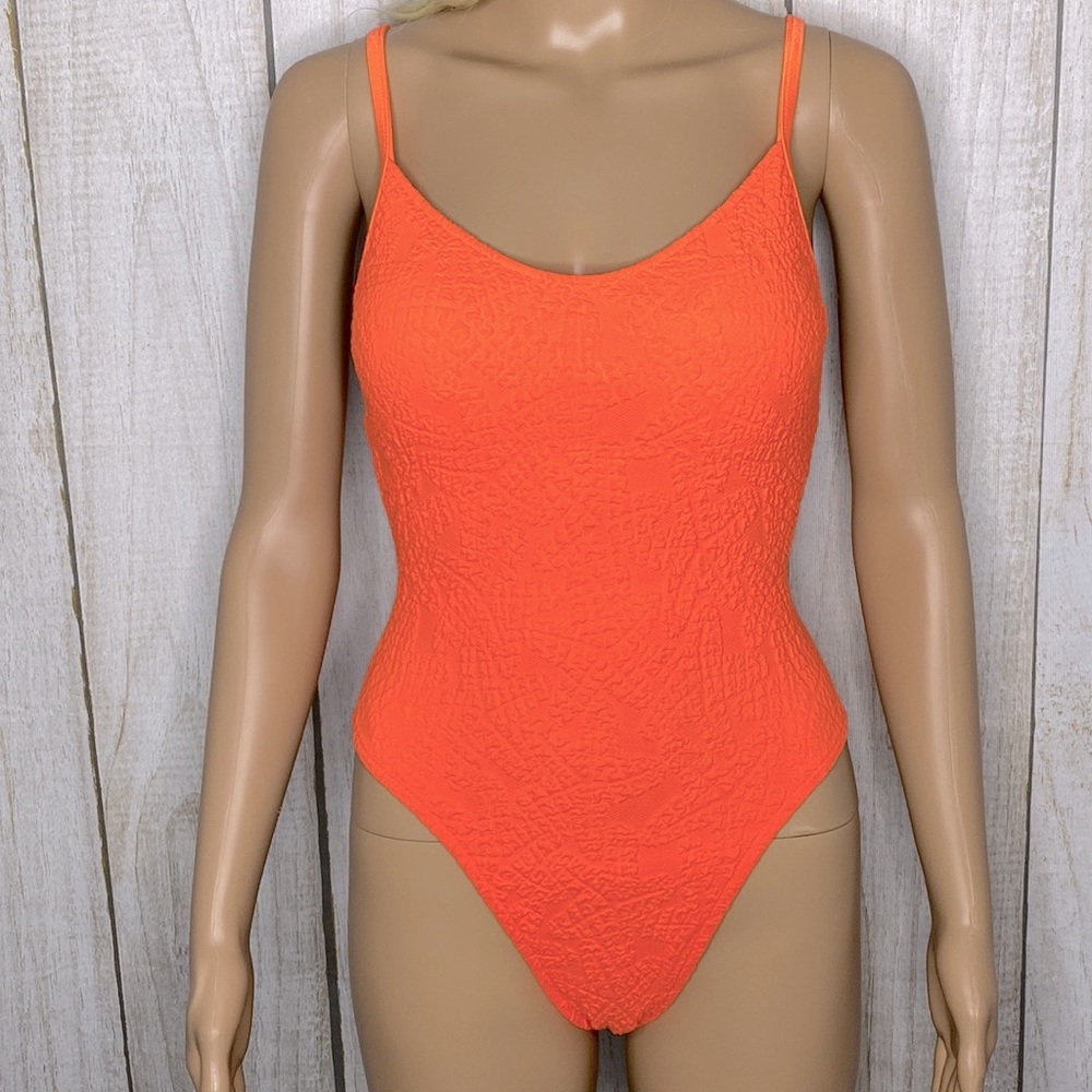 Vintage 80s 90s Citrus Textures one piece bright coral orange size small